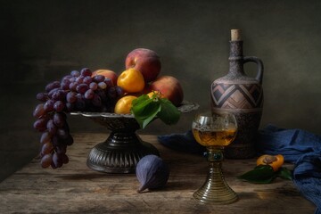 Still life with grapes and wine