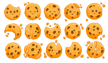 Fototapeta premium Set of 15 different freshly baked cookies with crumbs and missing bites on white for design elements, colored vector illustration