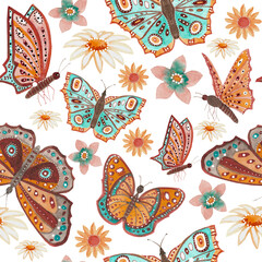 butterflies on a white background seamless watercolor pattern