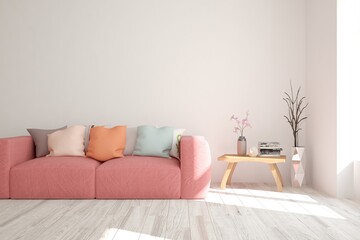 Fototapeta na wymiar White stylish minimalist room with coral sofa. Scandinavian interior design. 3D illustration