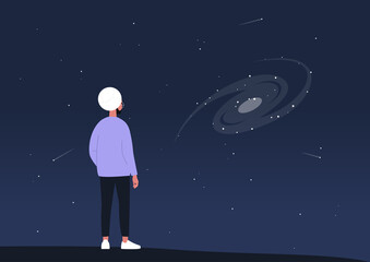 Cosmic landscape, astronomy science, a young indian male character observing a spiral galaxy on a dark sky