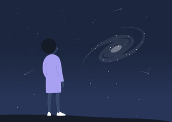 Cosmic landscape, astronomy science, a young black female character observing a spiral galaxy on a dark sky