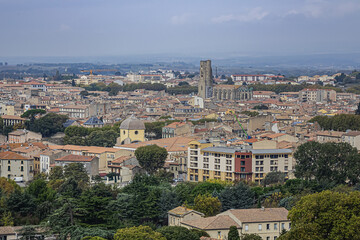 Fototapeta na wymiar Top view of medieval city of Carcassonne. Carcassonne, Aude Department, region of Occitanie, France.