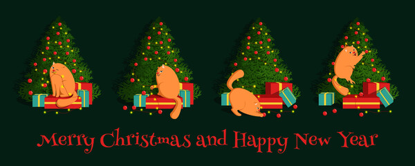 Set of stories with funny cartoon ginger cat and Christmas tree. Fun postcard concept, Merry Christmas and Happy New Year, sticker, banner. Cute vector illustration.