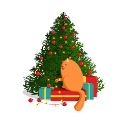 Cute cartoon ginger cat throws off New Year's decorations from the Christmas tree. Concept for funny postcard, Merry Christmas and Happy New Year, stickers. Isolated vector illustrations.