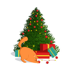 Cute cartoon ginger cat playing with a Christmas ball. Concept for funny postcard, Merry Christmas and Happy New Year, stickers. Isolated vector illustrations.