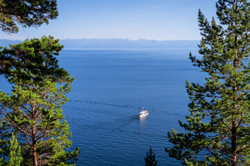 Tourist boat on beautiful lake Baikal, Russia.
