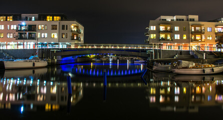 Fototapeta na wymiar Port of Lomma during nighttime with Höje å flowing through