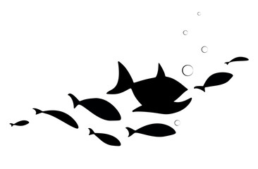 Black school of fish with bubbles water. Logo template design .