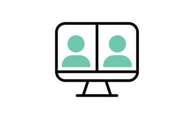 Video conference icon. People on computer screen. Home office in quarantine times. Internet virtual teaching media. Digital communication