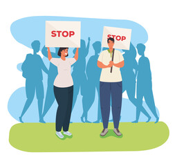 couple with protests placards, couple holding banners, activists with strike manifestation sign, human right concept vector illustration design