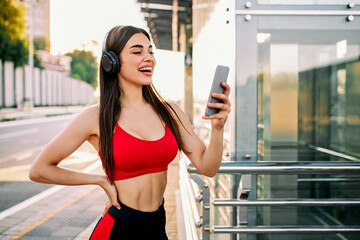 Shot of an attractive young woman wearing headphones and using her cellphone before going for a morning run