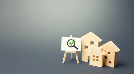 Residential buildings and easel with magnifying glass and green check mark. Compliance of housing...