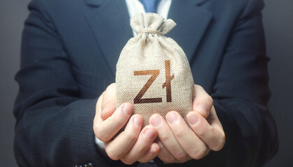 Man holds out a polish zloty money bag. Budget management, collect taxes. Insurance payout. Financial crisis support, benefits, subsidies. Bank issuance of credit and loans borrowings to business.