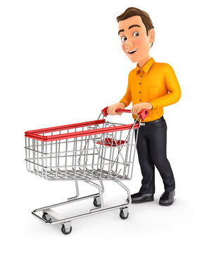 3d Man Pushing Supermarket Trolley