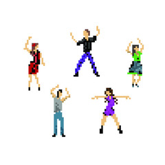 Collection of color images of dancers at a party in various dynamic poses. All images are made in the pixel art style