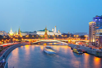 Moscow city center in the evening with the Moscow river and the Kremlin citadel
