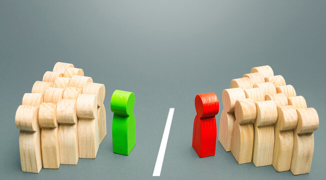 Conflict between teams separated by a line. Resolution of the conflict through negotiations. Mediation and Arbitration. Search for compromises. Concluding a truce, end of confrontation.