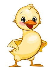The duckling is cheerful. Cartoon style. Funny yellow duck. Isolated vector illustration.