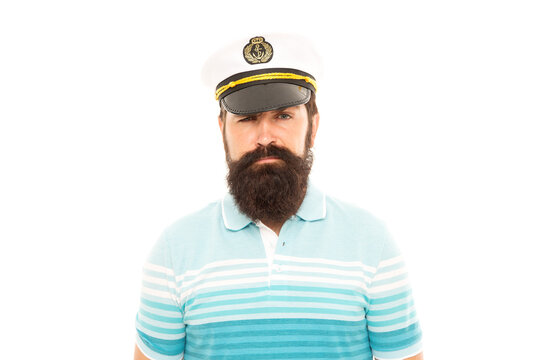 Man bearded captain sailor uniform marine cruise, summer vacation concept