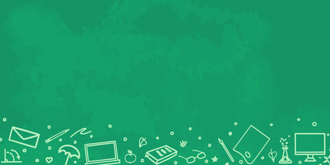 Back to school. Colored background with hand drawn school supplies. Elements are drawn in a linear style