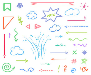 Colored elements on white. Set of different signs. Abstract symbols for design