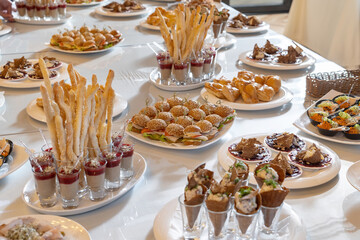 Luxury catering, a snack table, bread sticks, desserts, rolls. Mini chicken burgers with cheese and tomatoes on a white plate-2.