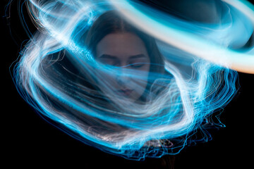 light painting portrait, new art direction, long exposure photo without photoshop, light drawing at...