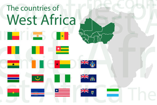 Set of icons for flags of West Africa. Vector image of flags and maps of Africa on a white background. You can use it to create a website, print brochures, booklets, flyers, and travel guides.