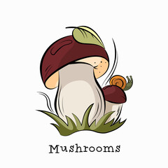 Mushrooms in the grass with a leaf and a snail on the cap. Cartoon style. Vector illustration isolated on a white background.
