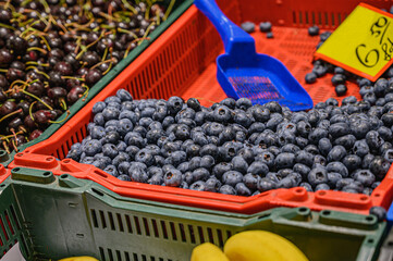 A variety of ripe berries on the counter at the farmers' market. Fresh berries.