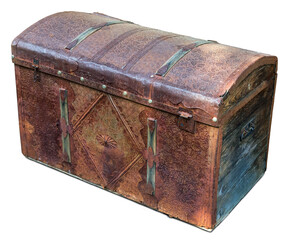 Old wooden chest with metal casings, isolated on white backgroung, with work path