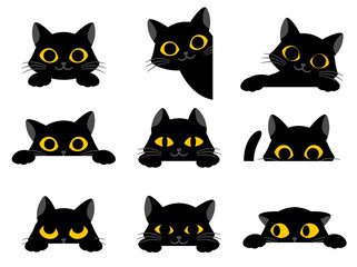 Set of cute black cartoon silhouette cats with yellow eyes showing assorted expressions and looking round corners isolated on white, colored vector illustration