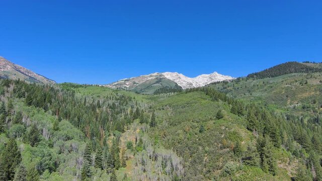 View of a high snow-capped peak and then a long descending flight to the river at the bottom of a rugged canyon