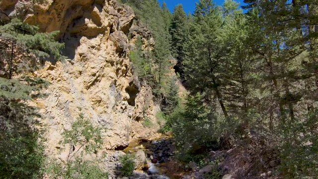 Drone flies from a stream flowing through a rugged canyon through the forest and to snow-capped peak high above the brook