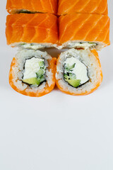 Sushi rolls philadelphia classic with fresh salmon and cream cheese. Japanese traditional food