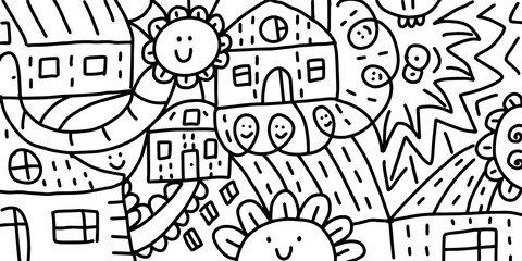 Doodle art. Decorative doodles pattern. Abstract houses, streets, flowers. Hand-drawn vector black and white Illustration.