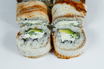 Japanese traditional food. Sushi rolls philadelphia classic with fresh eel and cream cheese and caviar