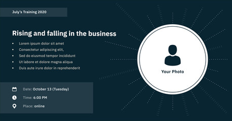 Classic training, webinar vector with icons, and a photo frame on a dark green background. Banner design template for the webinar, conference, e-mail, flyer, meetup, party, event, web header