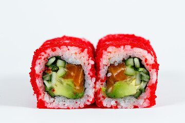 Japanese traditional food. Sushi rolls philadelphia with fresh avocado caviar and cream cheese
