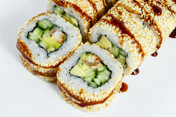 Japanese traditional food. Sushi rolls philadelphia classic with fresh eel and cream cheese and caviar
