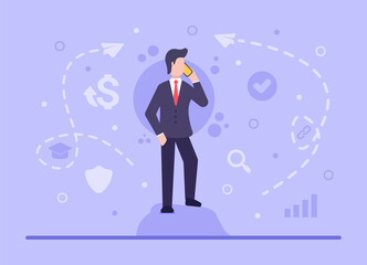 Business concept. Vector flat businessman stands on a stone and negotiates cooperation in order to develop the business and get profit in the future. Web banner on sites and smartphones. EPS 10.
