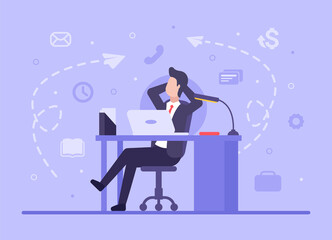 Business chilling out concept. Vector flat businessman sits at a work table and rests from business-related affairs. Rest after a hard day at work. Web banner on sites and smartphones. EPS 10.