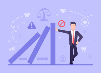 Business crisis concept. Vector flat businessman restrains the fall of business from the crisis. The danger of business destruction during a crisis. Web banner on sites and smartphones. EPS 10.