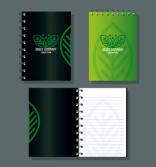 corporate identity brand mockup, notebooks green mockup, green company sign, green vector illustration design