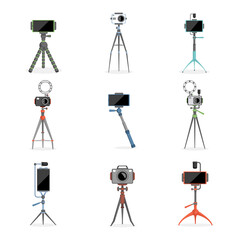 Set of tripods, monopods for a selfie with smartphones and cameras. Vector flat illustration of photography equipment. Professional photo devices, selfie sticks isolated on white background.
