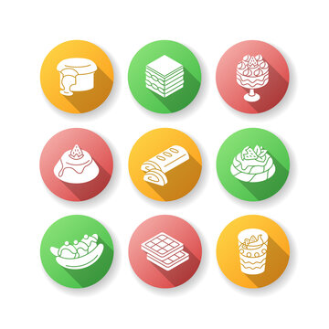 Traditional desserts flat design long shadow glyph icons set. European cuisine. Italian and French sweets. Pavlova. Apple strudel. Belgian waffles. Silhouette RGB color illustration