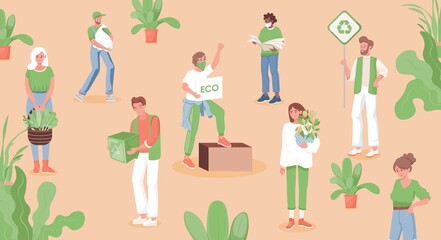 Group of eco activists protesting against environmental pollution vector flat illustration. Men and women in garden or city park holding placards, plants, and containers for recycling of waste.