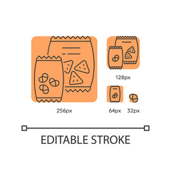 Snacks orange linear icons set. Potato chips in bag. Salty crackers in packet. Junk food. Thin line customizable 256, 128, 64 and 32 px vector illustrations. Contour symbols. Editable stroke