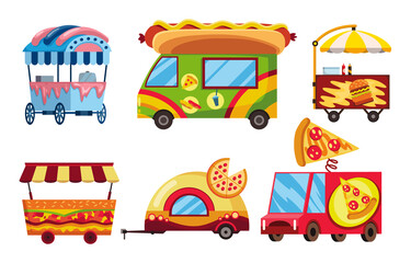 Street fast food. Set of mobile food cars. Pizza, hamburger and hot dog fast food street shops. Street carts, food markets